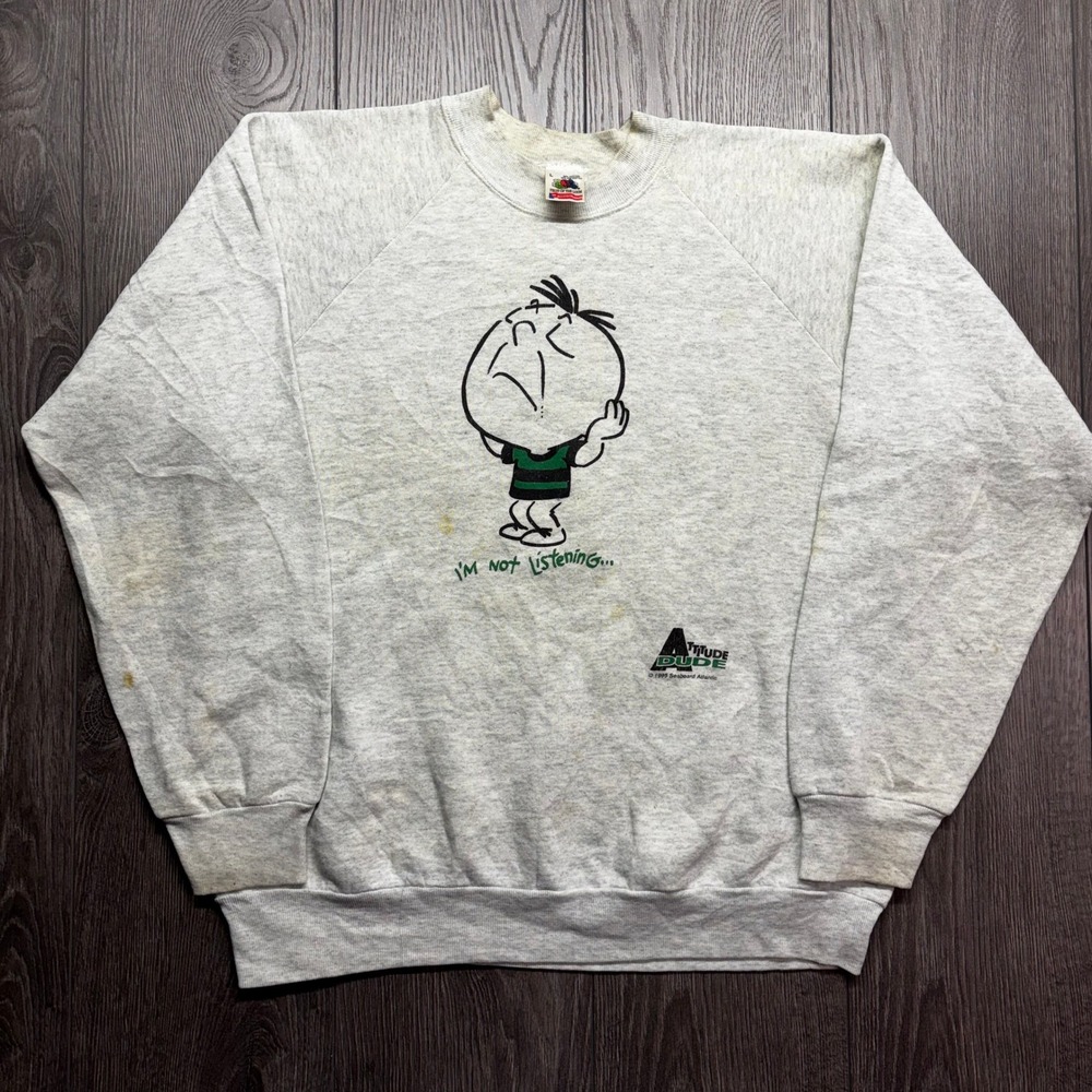 Vintage 1995 Attitude Dude Sweatshirt Mens Large Gray Fruit of the Loom USA Made